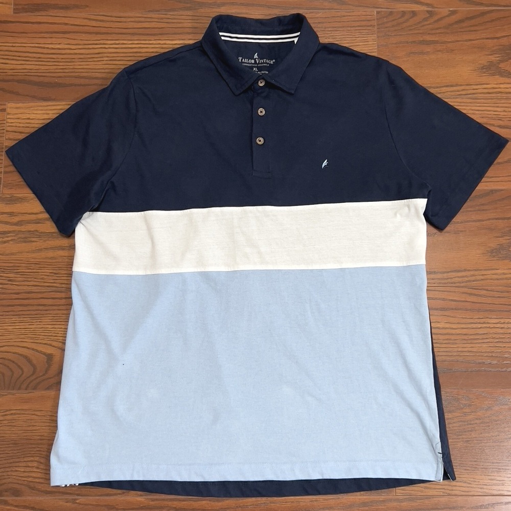 Tailor Vintage Polo Shirt Mens XL Navy Blue White Colorblock Short Sleeve - Picture 1 of 6
